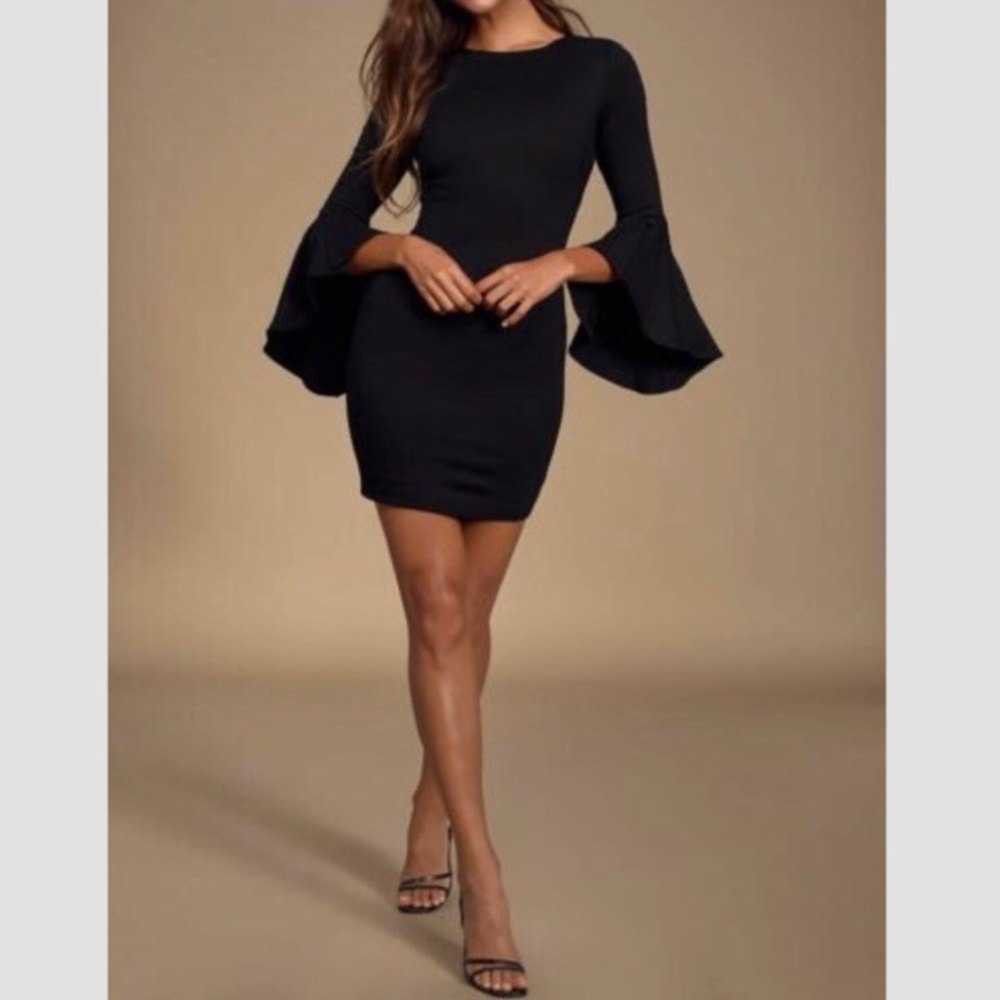 Lulu’s Gimme Some Flair Black Flounce Sleeve Bodycon Dress